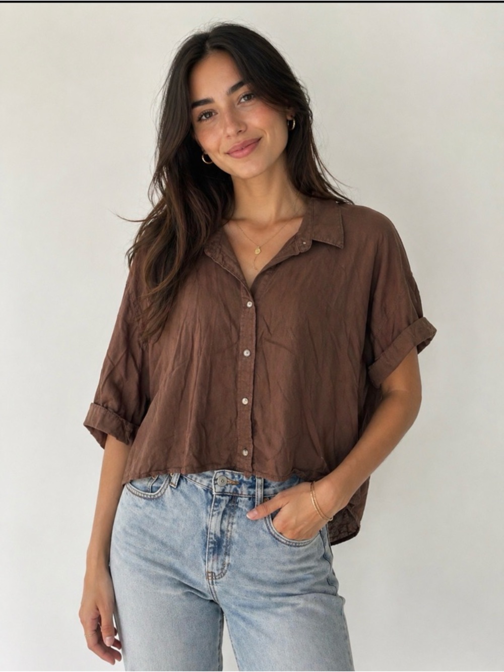 Denim Forum Brown Cropped Button-Down Shirt